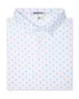 Men's Tropical Daze Polo in Carolina, folded flat lay front view featuring a scattered pineapple and coconut drink novelty print in sky blue and peach on a white ground with a button placket and spread collar