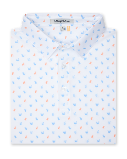 Men's Tropical Daze Polo in Carolina, folded flat lay front view featuring a scattered pineapple and coconut drink novelty print in sky blue and peach on a white ground with a button placket and spread collar
