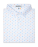 Men's Tropical Daze Polo in Carolina, folded flat lay front view featuring a scattered pineapple and coconut drink novelty print in sky blue and peach on a white ground with a button placket and spread collar