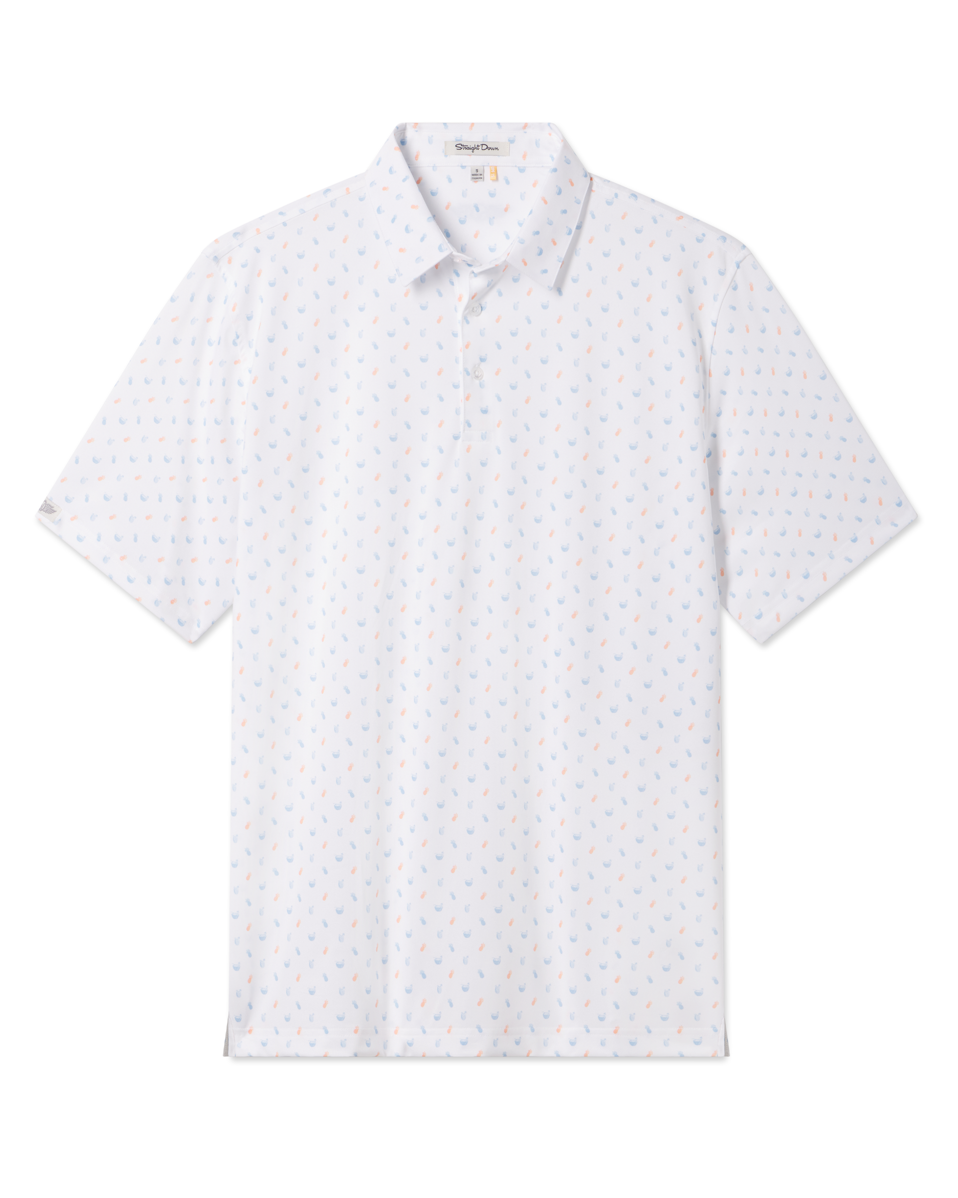Men's Tropical Daze Polo in Carolina, flat lay front view featuring a scattered pineapple and coconut drink novelty print in sky blue and peach on a white ground with a spread collar and short sleeves