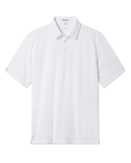 Men's Tropical Daze Polo in Carolina, flat lay front view featuring a scattered pineapple and coconut drink novelty print in sky blue and peach on a white ground with a spread collar and short sleeves