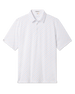 Men's Tropical Daze Polo in Carolina, flat lay front view featuring a scattered pineapple and coconut drink novelty print in sky blue and peach on a white ground with a spread collar and short sleeves
