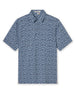 Men's Don Ho Polo in New Indigo, flat lay front view featuring a navy base with an all-over light blue floral print, with Straight Down logo patch visible on sleeve