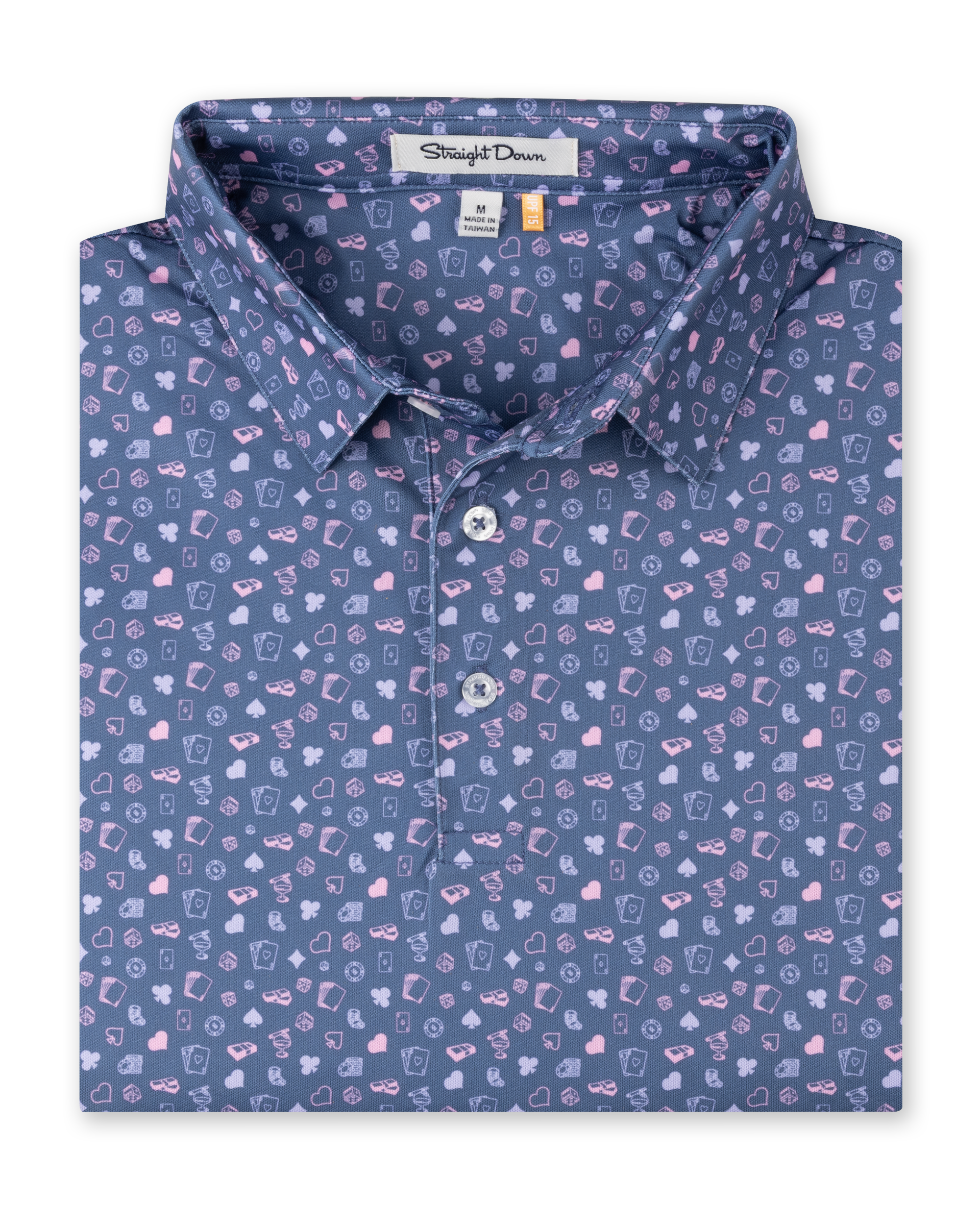 Men's Hold Em Polo in Moonlight, folded flat lay front view featuring an allover casino-themed print with playing cards, card suits, poker chips, dice, and cocktail glasses in pink and lavender on a slate blue base