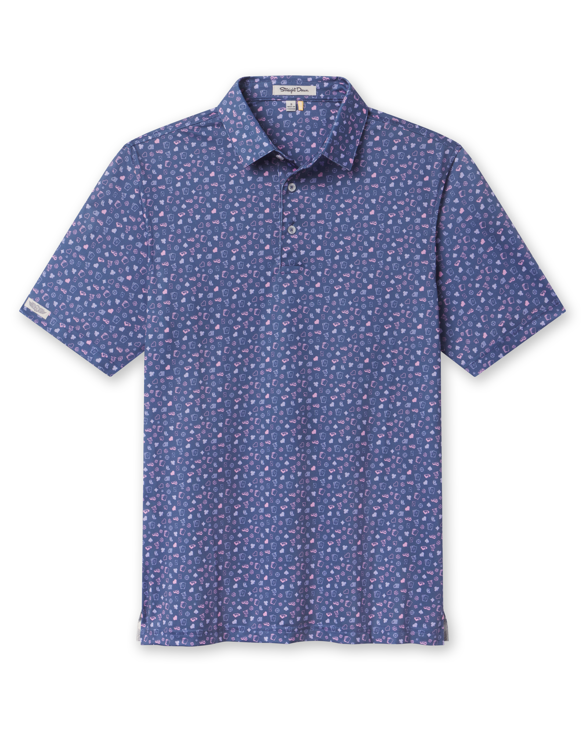 Men's Hold 'Em Polo in Moonlight, front view featuring an allover casino print with playing cards, poker chips, dice, and card suits in pink and white on navy
