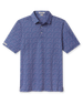 Men's Hold 'Em Polo in Moonlight, front view featuring an allover casino print with playing cards, poker chips, dice, and card suits in pink and white on navy