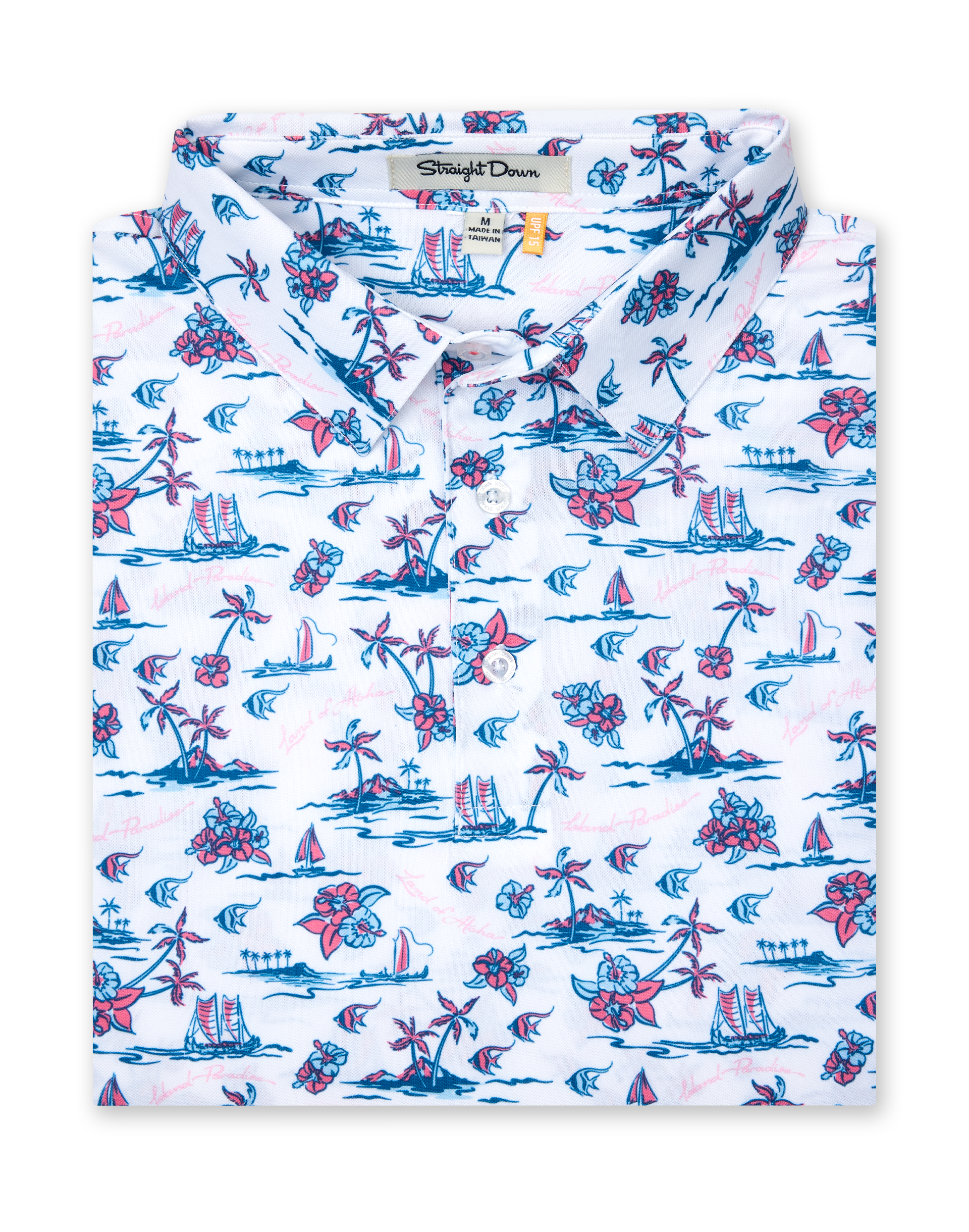 Men's Island Paradise Polo in Cool Blue, folded flat lay front view featuring an all-over tropical print with palm trees, hibiscus flowers, sailboats, and tropical fish and blue on a white body with a two-button placket and Straight Down label
