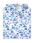 Men's Island Paradise Polo in Cool Blue, folded flat lay front view featuring an all-over tropical print with palm trees, hibiscus flowers, sailboats, and tropical fish and blue on a white body with a two-button placket and Straight Down label
