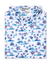 Men's Island Paradise Polo in Cool Blue, folded flat lay front view featuring an all-over tropical print with palm trees, hibiscus flowers, sailboats, and tropical fish and blue on a white body with a two-button placket and Straight Down label