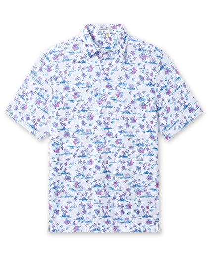 Men's Island Paradise Polo in Cool Blue, flat lay front view featuring an all-over tropical print with palm trees, hibiscus flowers, sailboats, and tropical fish and blue on a white body with a two-button placket and short sleeves
