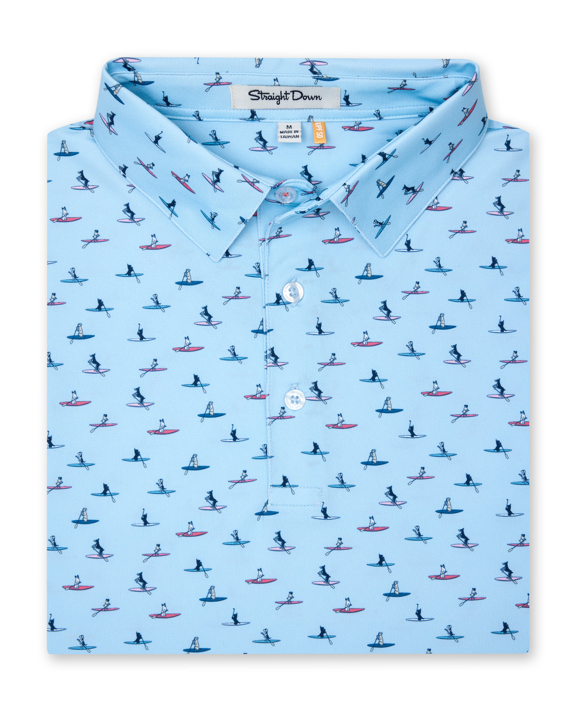 Men's Dog Paddle Polo in Cool Blue, folded flat lay front view featuring an all-over print of dogs paddle boarding on red and blue boards on a light blue body with a two-button placket and Straight Down label