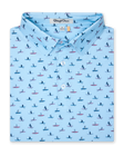 Men's Dog Paddle Polo in Cool Blue, folded flat lay front view featuring an all-over print of dogs paddle boarding on red and blue boards on a light blue body with a two-button placket and Straight Down label