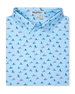 Men's Dog Paddle Polo in Cool Blue, folded flat lay front view featuring an all-over print of dogs paddle boarding on red and blue boards on a light blue body with a two-button placket and Straight Down label