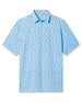 Men's Dog Paddle Polo in Cool Blue, flat lay front view featuring an all-over print of dogs paddle boarding on red and blue boards on a light blue body with a two-button placket and short sleeves