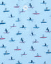 Men's Dog Paddle Polo in Cool Blue, close-up front view featuring various dog breeds paddle boarding on red and blue boards on a light blue body with a Straight Down logo button detail on the placket