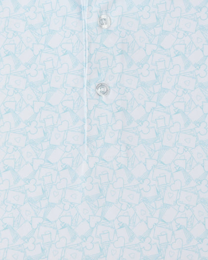 Gambler Polo in Green Stone, playing card print detail close-up view