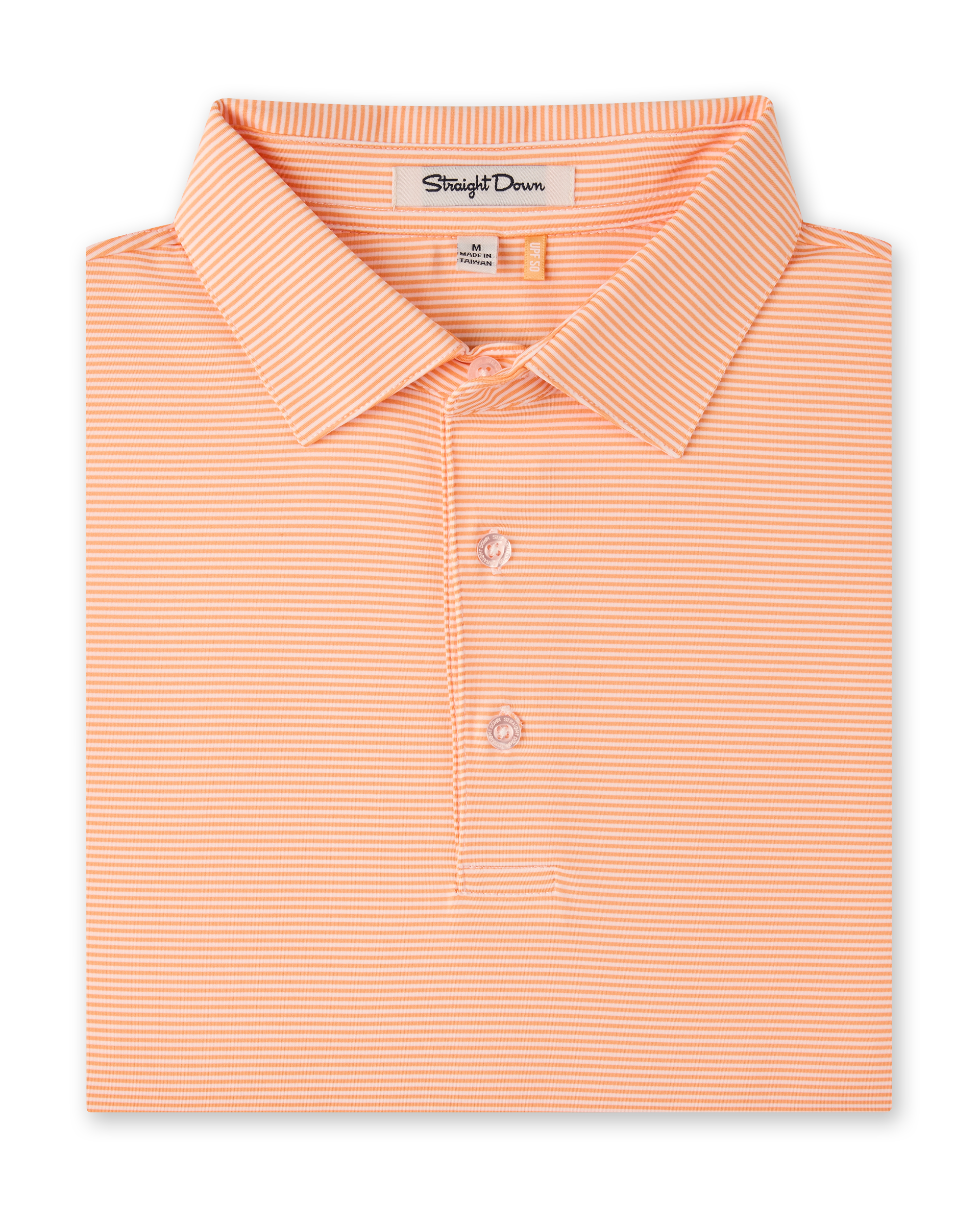 Men’s orange and white striped polo shirt with button placket and classic collar, folded flat