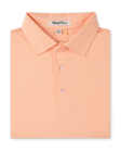 Men’s orange and white striped polo shirt with button placket and classic collar, folded flat