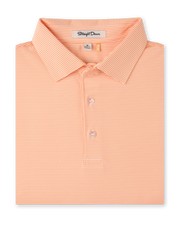 Men’s orange and white striped polo shirt with button placket and classic collar, folded flat
