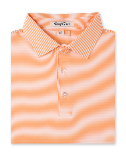 Men’s orange and white striped polo shirt with button placket and classic collar, folded flat