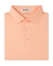 Men’s orange and white striped polo shirt with button placket and classic collar, folded flat