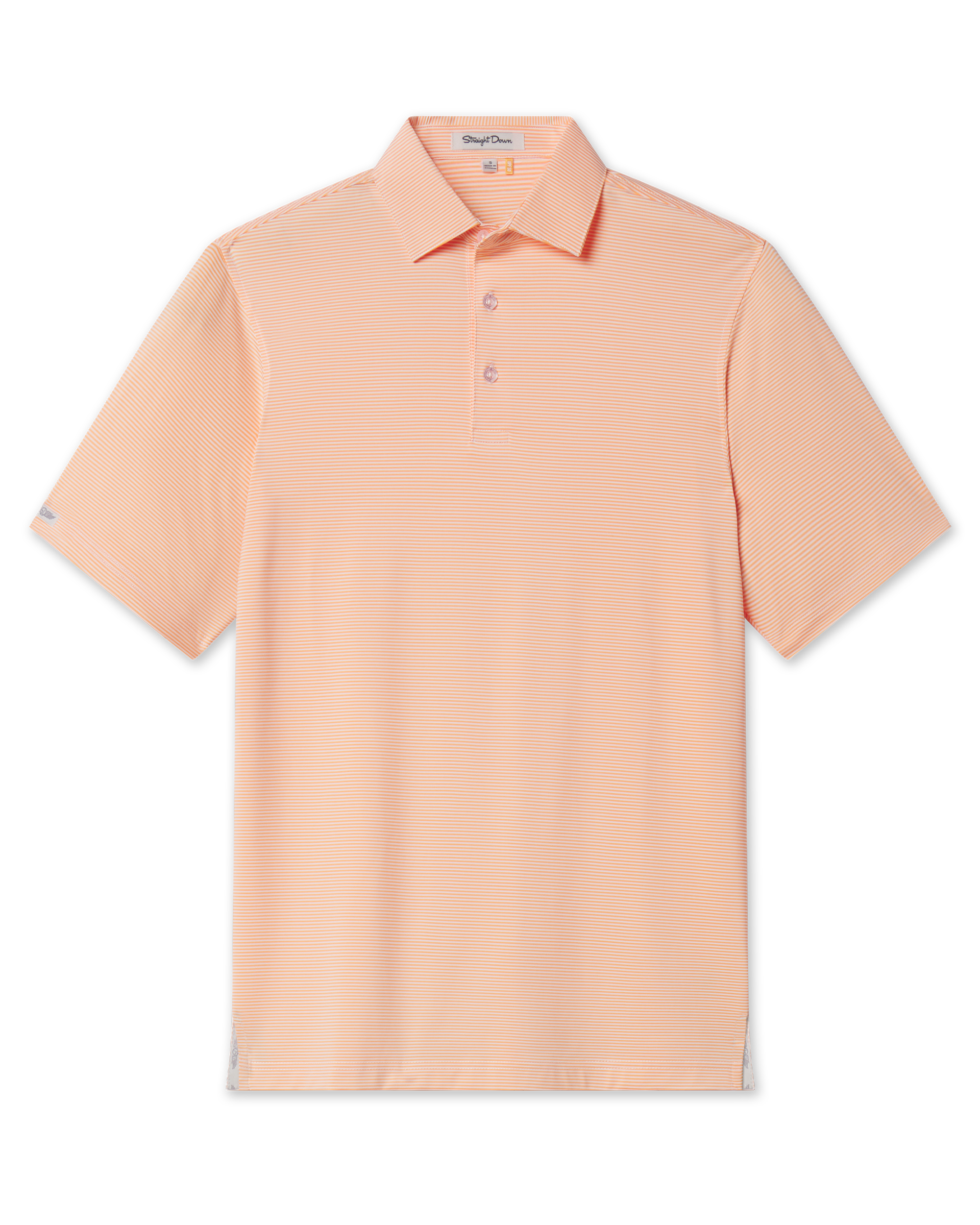 Peninsula Stripe Polo in Cantaloupe, flat lay front view featuring an orange and white fine horizontal stripe polo with a spread collar and Straight Down woven label at the sleeve hem