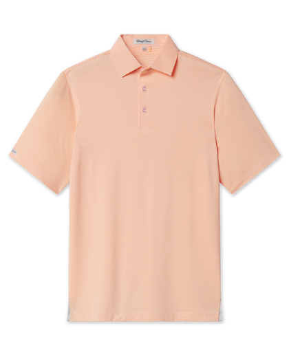 Peninsula Stripe Polo in Cantaloupe, flat lay front view featuring an orange and white fine horizontal stripe polo with a spread collar and Straight Down woven label at the sleeve hem