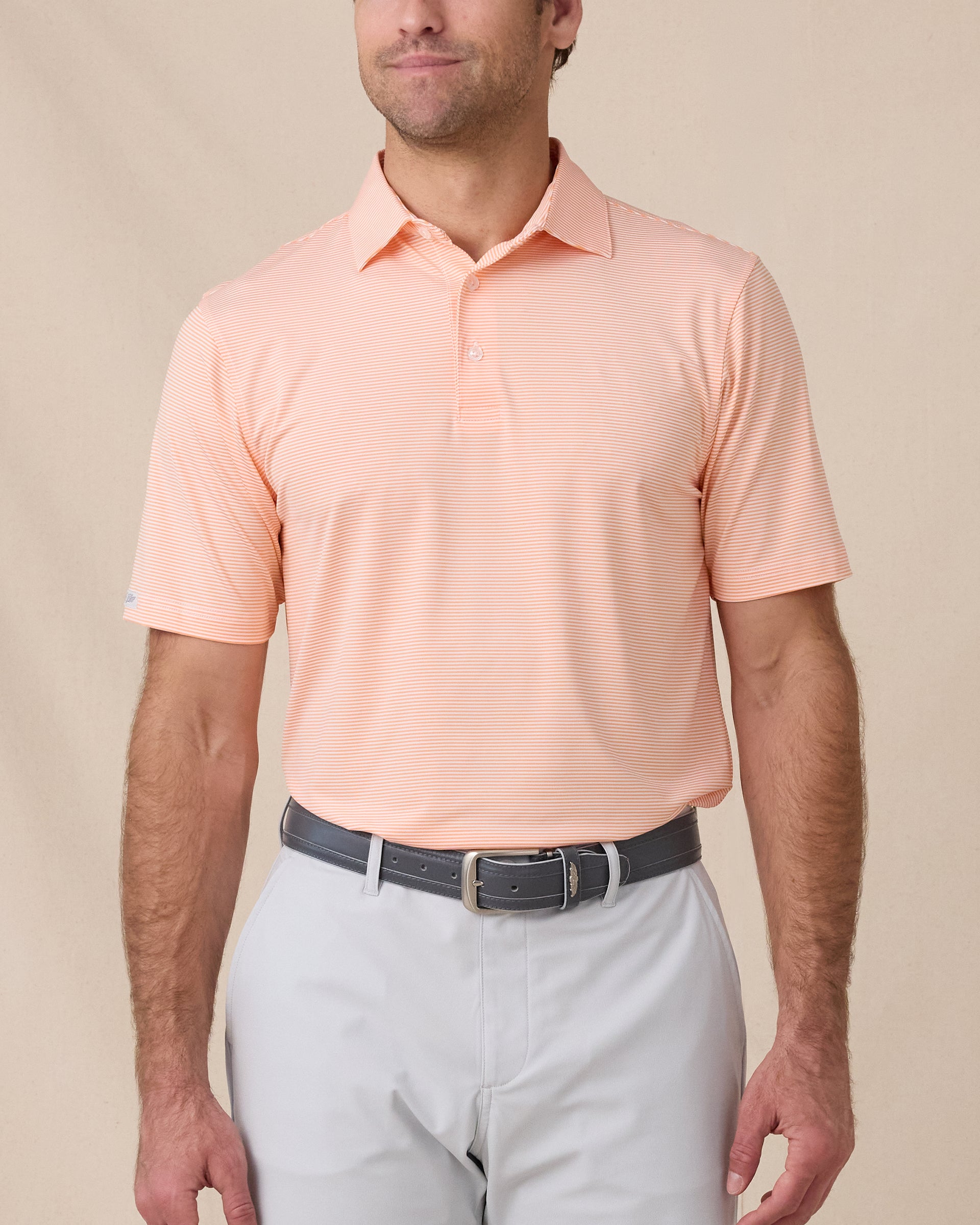 Peninsula Stripe Polo in Cantalope, front model view