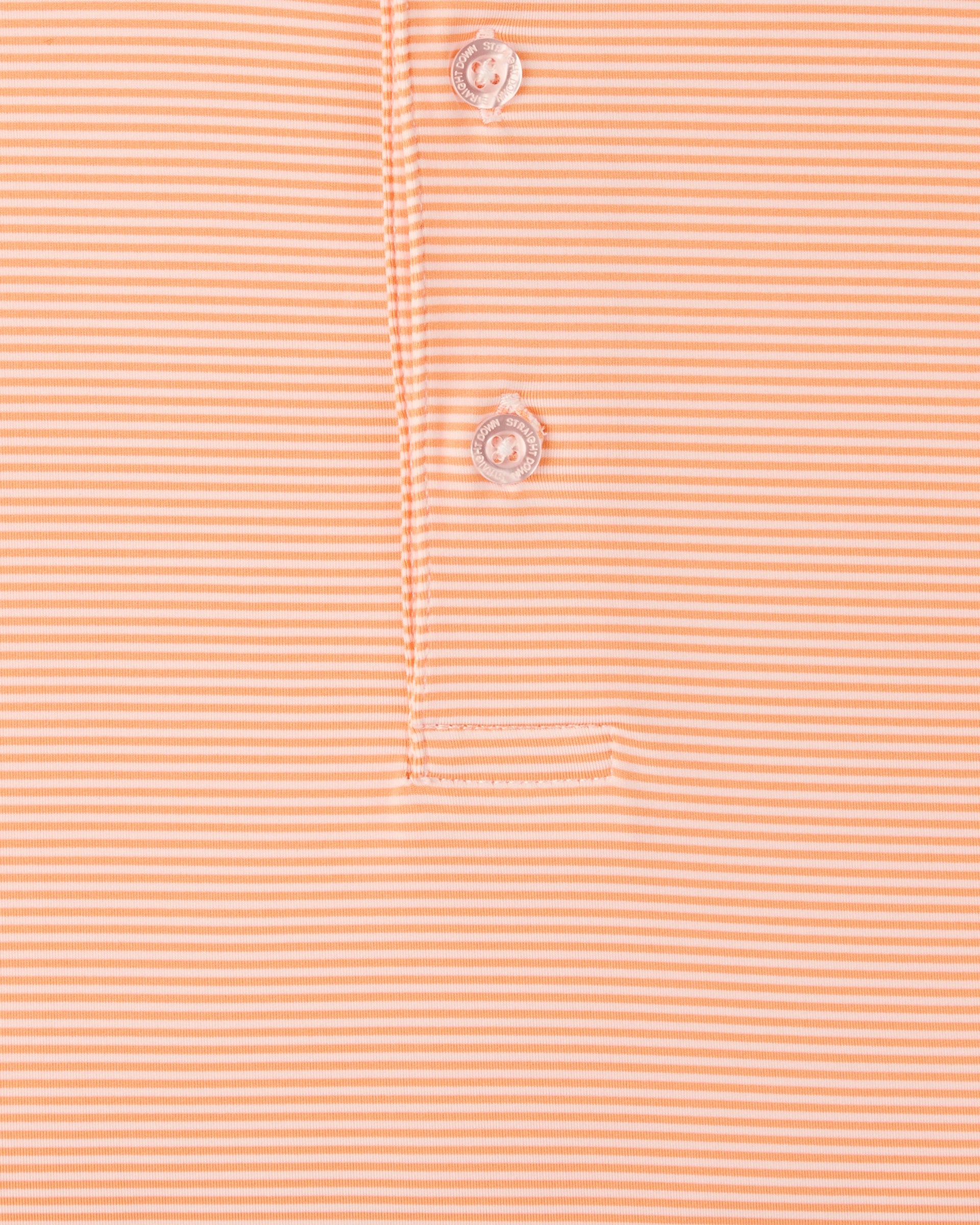 Peninsula Stripe Polo in Cantaloupe, close-up front view highlighting the orange and white fine horizontal stripe fabric and Straight Down branded button hardware detail