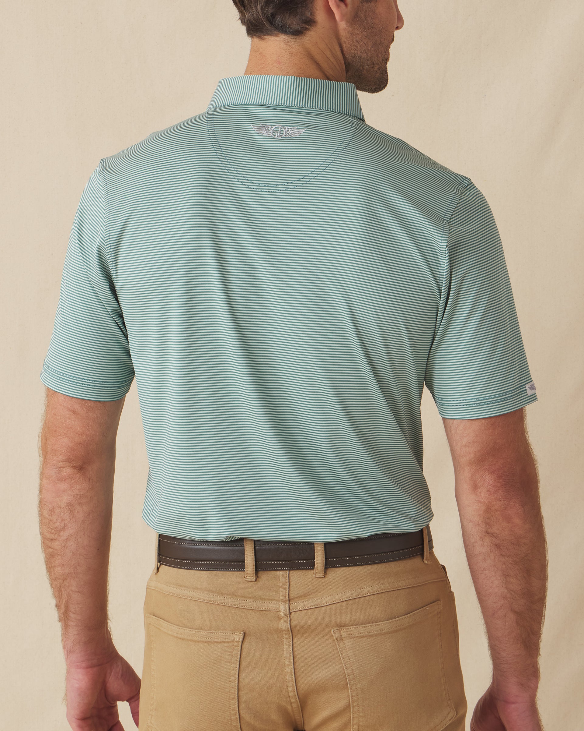 Men's Peninsula Stripe Polo in Celery, back view on model featuring a green and white micro stripe pattern with Straight Down logo embroidered at center back, paired with khaki pants