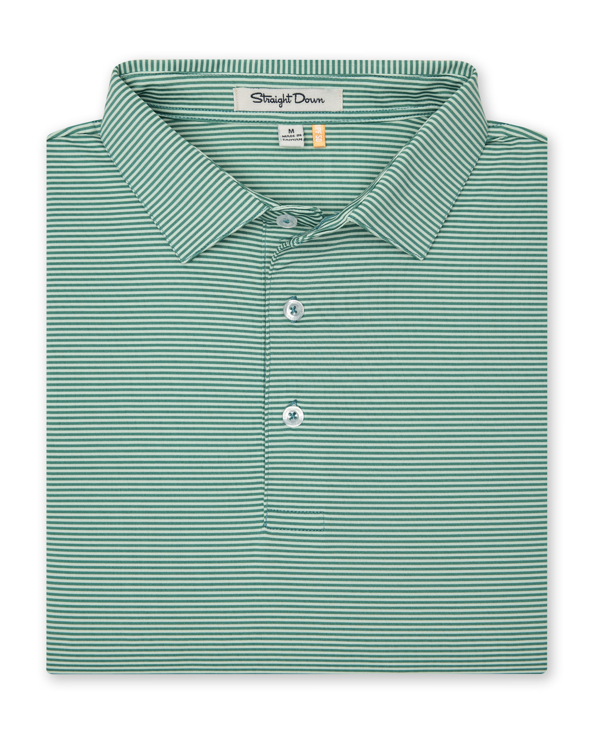 Folded polo with green and white thin stripes and front placket.