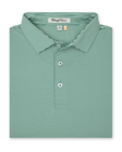 Folded polo with green and white thin stripes and front placket.