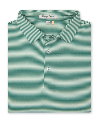 Folded polo with green and white thin stripes and front placket.