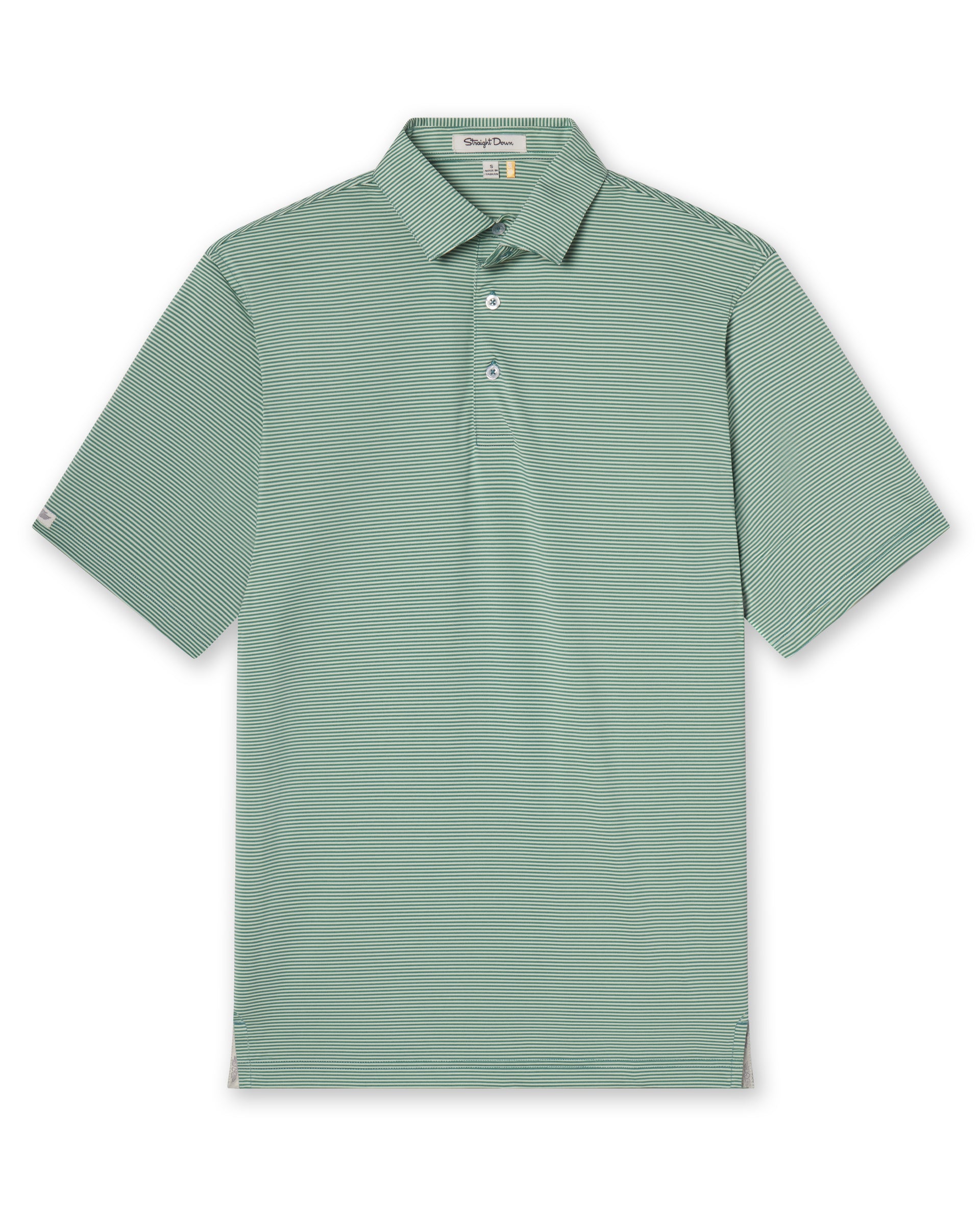 Men's Peninsula Stripe Polo in Celery, flat lay front view featuring a green and white micro stripe pattern 