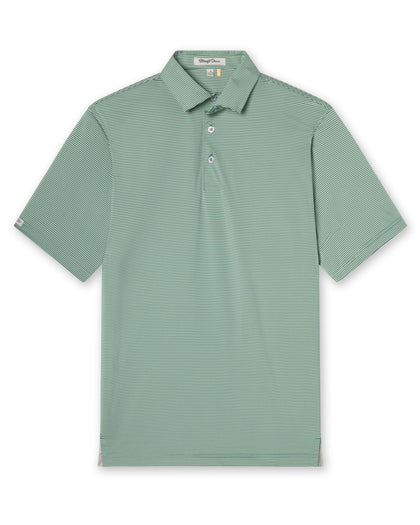 Men's Peninsula Stripe Polo in Celery, flat lay front view featuring a green and white micro stripe pattern 