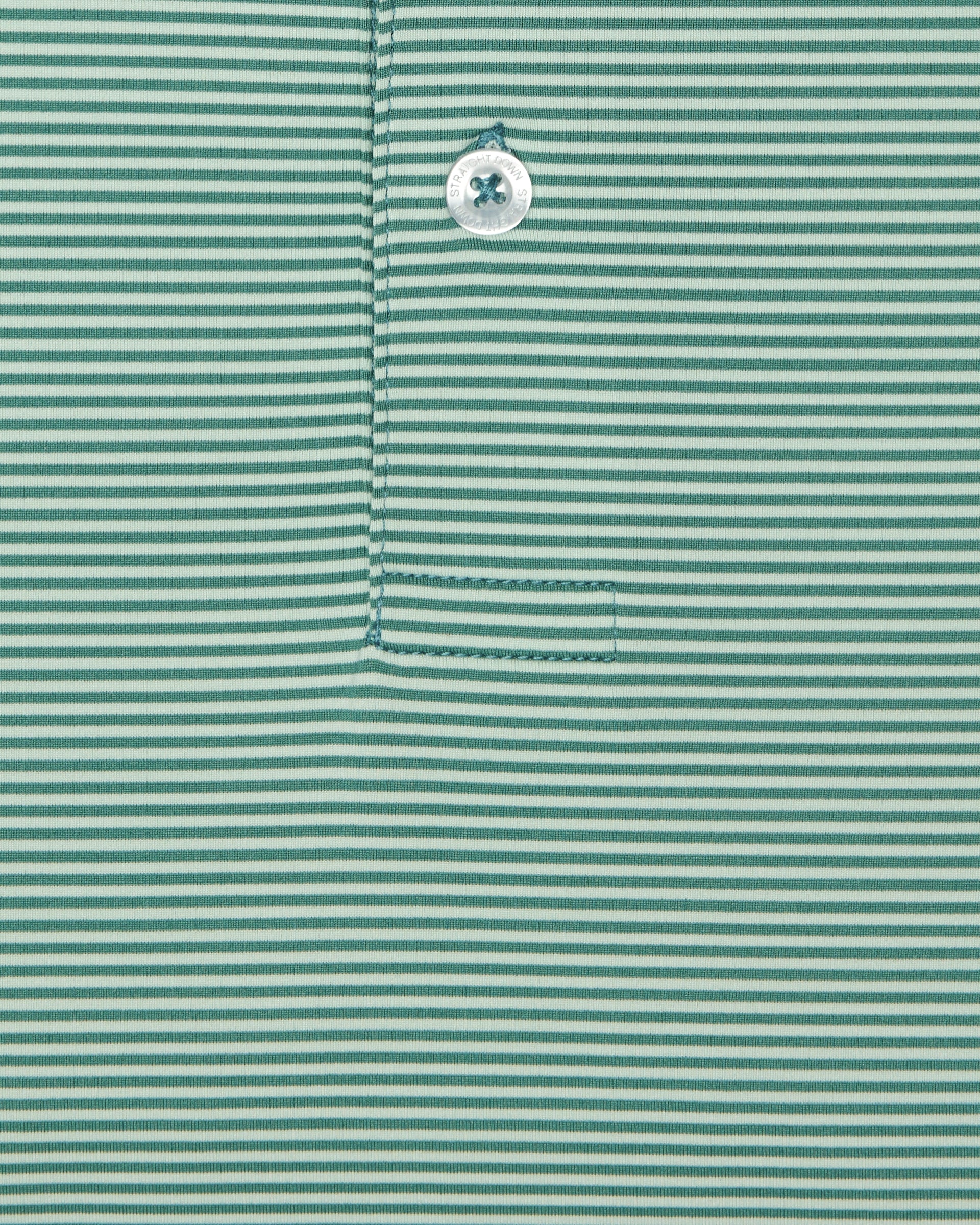 Men's Peninsula Stripe Polo in Celery, close-up detail view featuring green and white micro stripe pattern, Straight Down logo engraved button, and placket detail