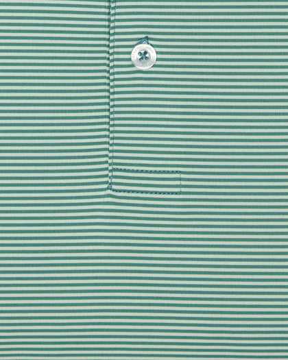 Men's Peninsula Stripe Polo in Celery, close-up detail view featuring green and white micro stripe pattern, Straight Down logo engraved button, and placket detail