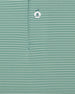 Men's Peninsula Stripe Polo in Celery, close-up detail view featuring green and white micro stripe pattern, Straight Down logo engraved button, and placket detail
