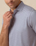 Close-up of men’s navy and white striped performance polo with button placket and structured collar