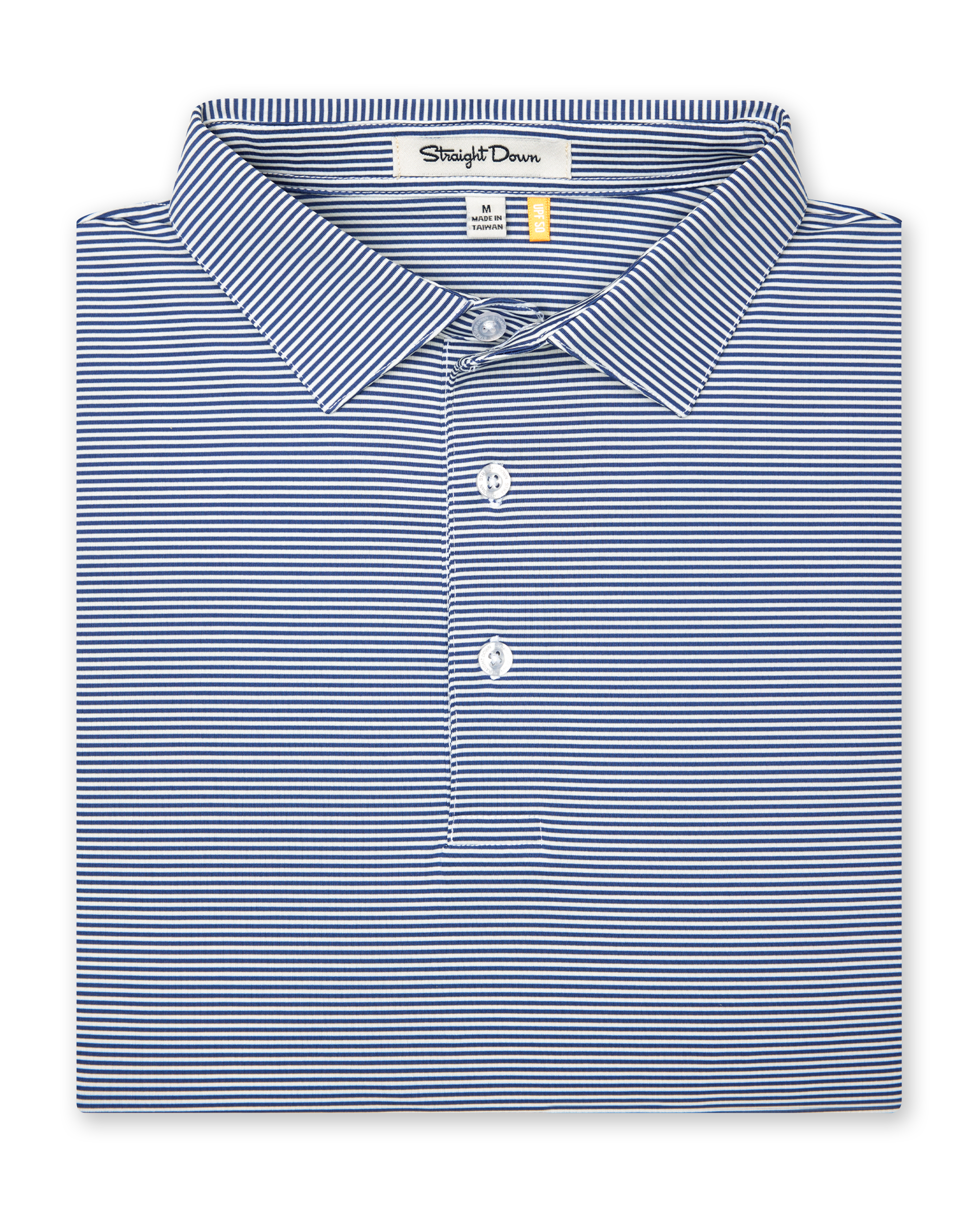 Men’s blue and white striped polo shirt with button placket and classic collar, folded flat