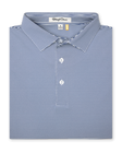 Men’s blue and white striped polo shirt with button placket and classic collar, folded flat
