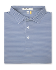 Men’s blue and white striped polo shirt with button placket and classic collar, folded flat