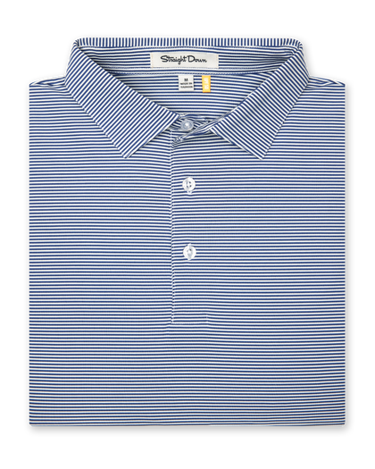 Men’s blue and white striped polo shirt with button placket and classic collar, folded flat
