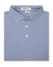 Men’s blue and white striped polo shirt with button placket and classic collar, folded flat