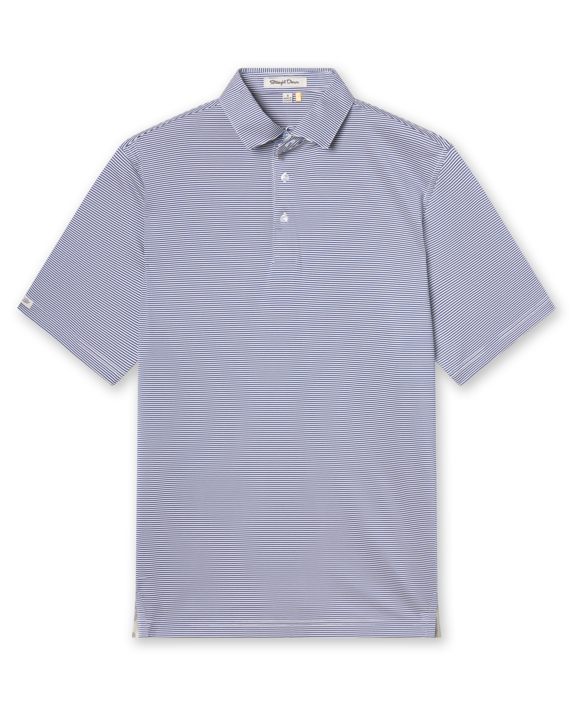 Men’s blue and white striped short sleeve polo shirt with classic collar and button placket