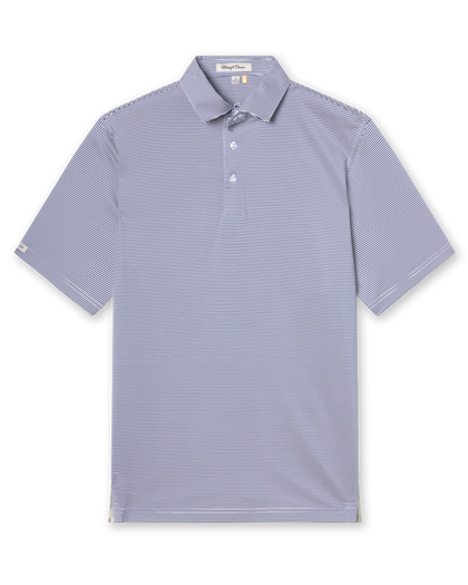 Men’s blue and white striped short sleeve polo shirt with classic collar and button placket