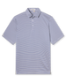 Men’s blue and white striped short sleeve polo shirt with classic collar and button placket