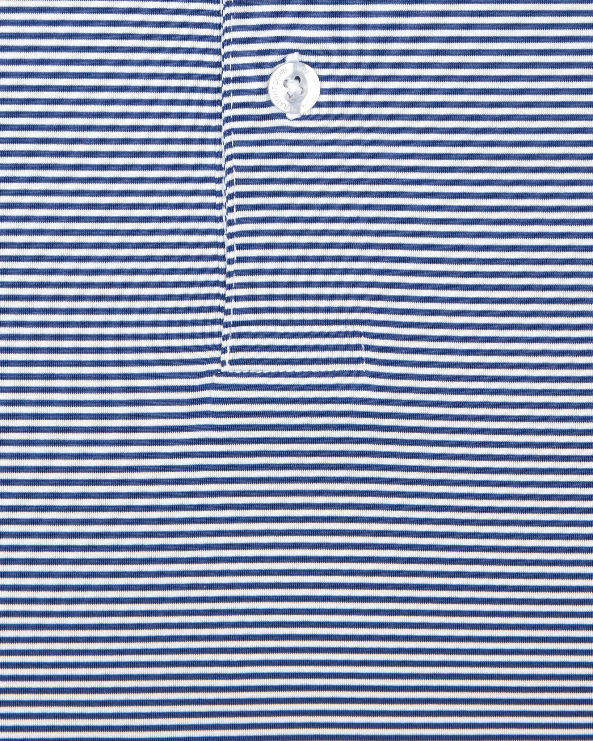 Close-up of blue and white striped polo fabric with button placket detail
