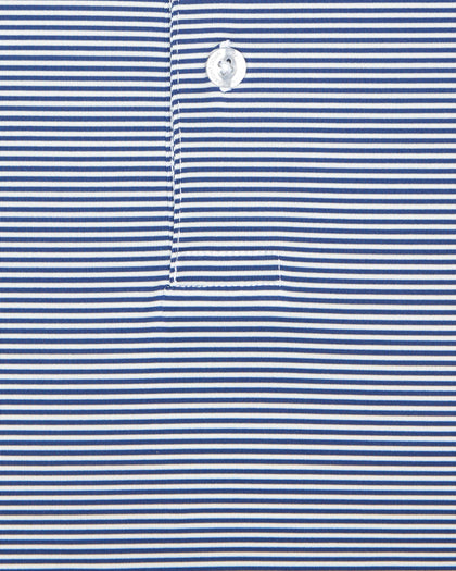 Close-up of blue and white striped polo fabric with button placket detail