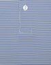 Close-up of blue and white striped polo fabric with button placket detail
